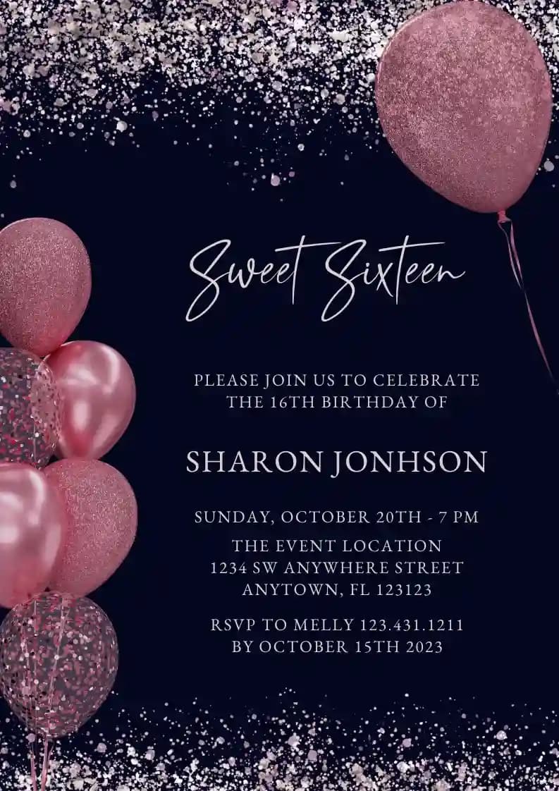 Teens Birthday Invitations - Glitter Balloon