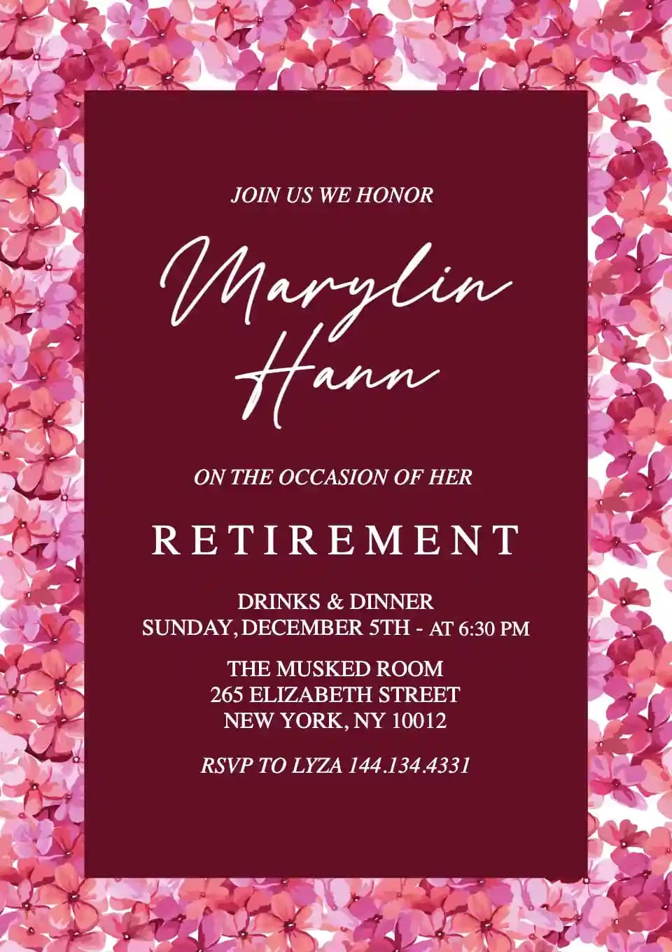 Invitaciones De Jubilación Y Despedida - Flores De Hortensia Rosa