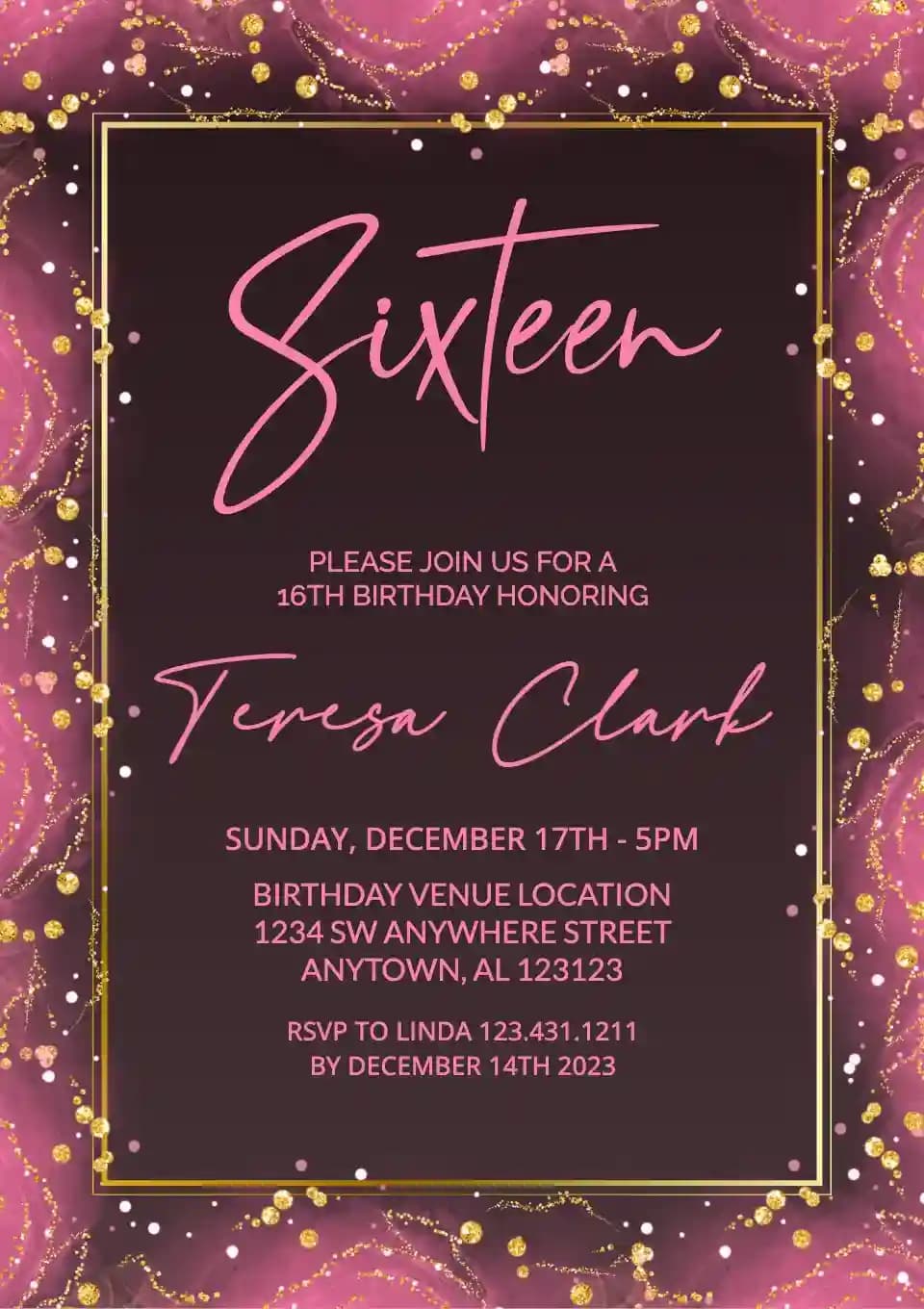 Teens Birthday Invitations - Beautiful Pink Glitter Frame