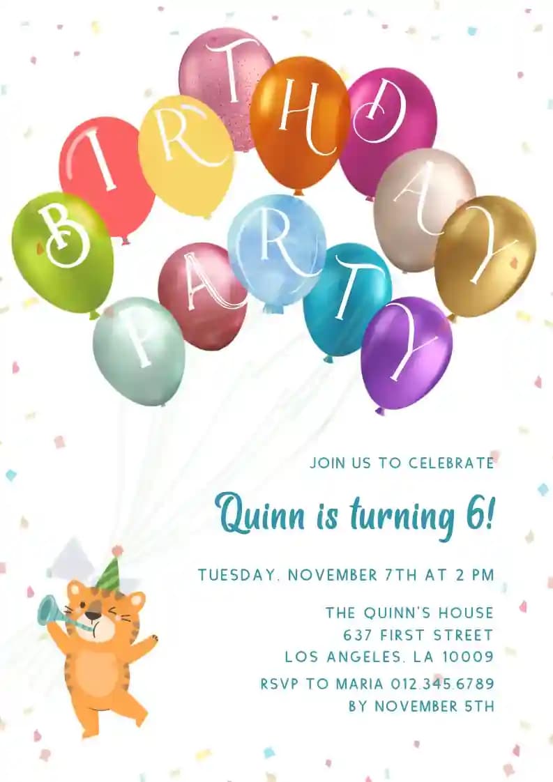 Kids Birthday Invitations - Baby Tiger And Balloons
