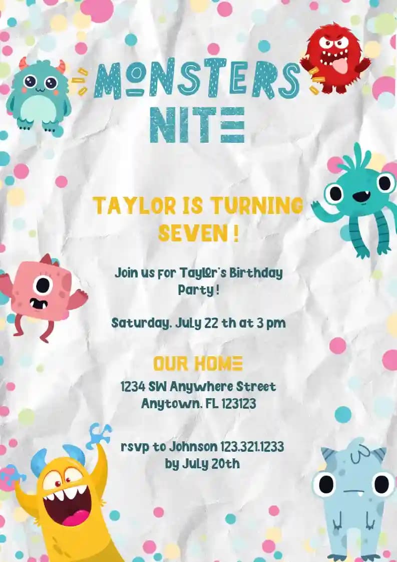 Kids Birthday Invitations - Monsters Nite