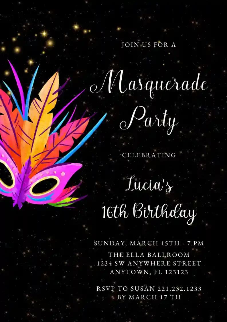 Convites De Aniversário Para Adolescentes - Máscara Glamourosa