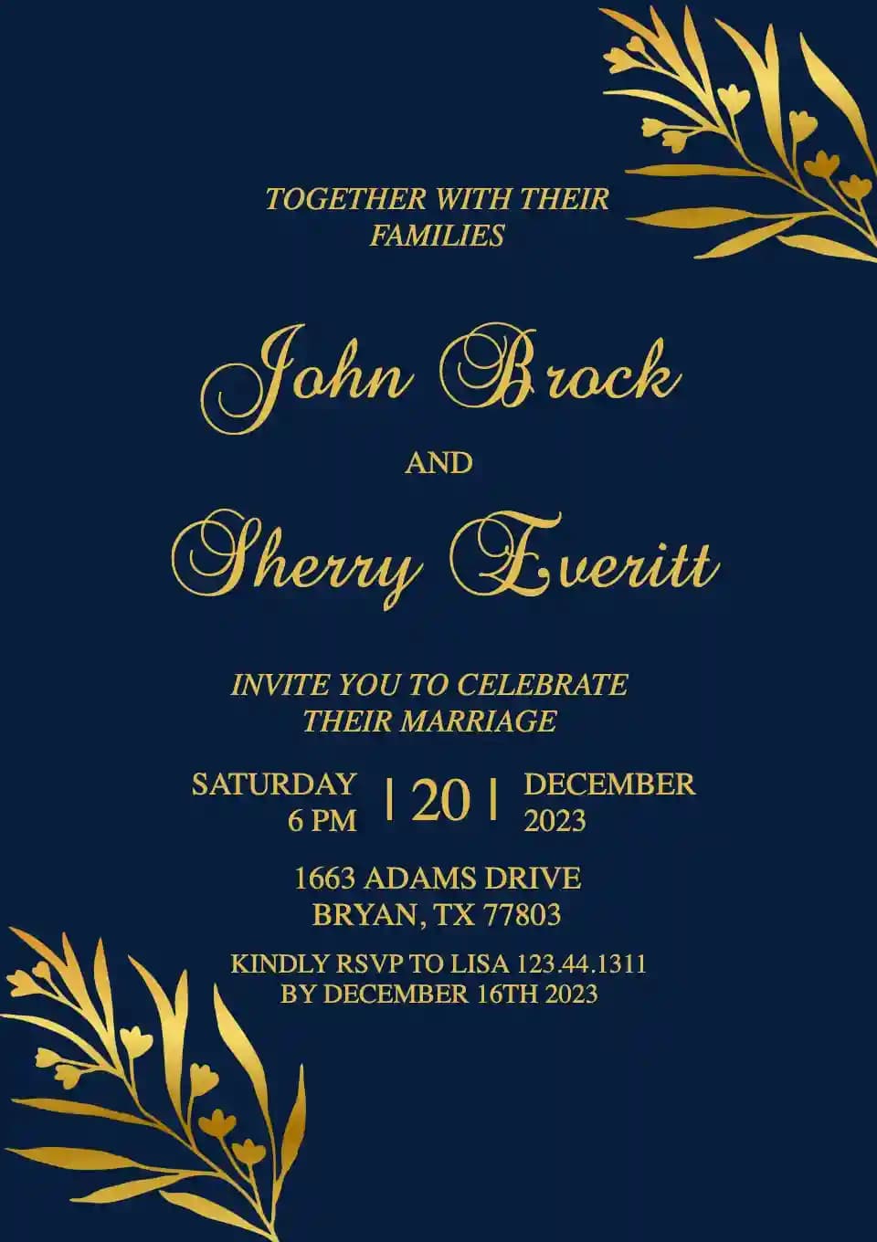 Wedding Invitations - Blue Navy Golden Leaf