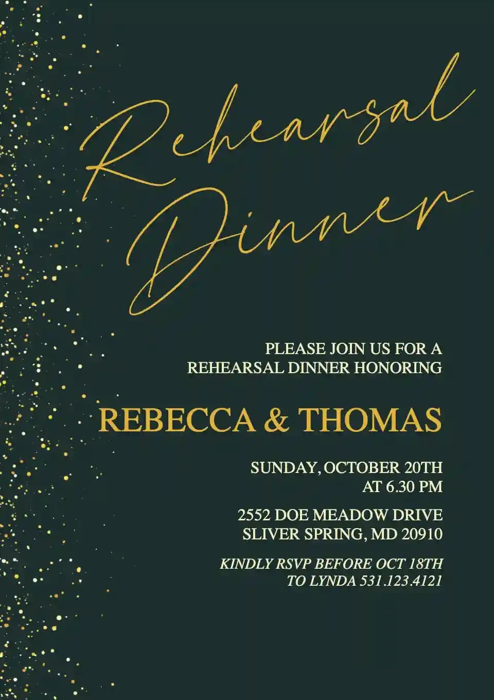 Rehearsal Dinner Invitations - Dark Green Gold Particle