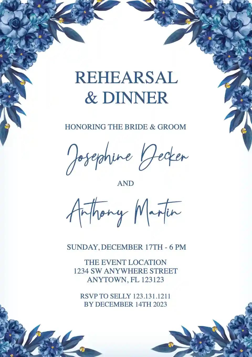 Invitaciones Para Cena De Ensayo - Flores Azules