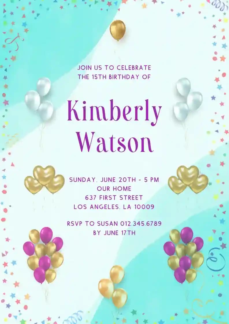Teens Birthday Invitations - Gold Purple Balloons