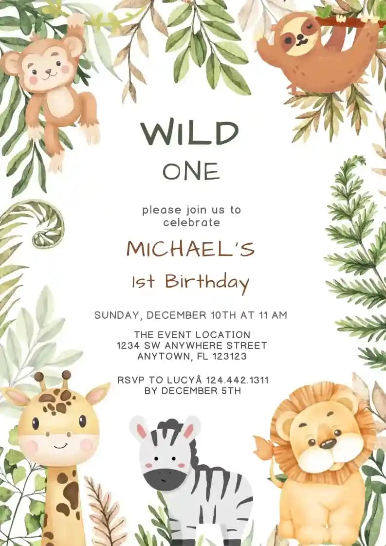 Invitaciones Para El Primer Cumpleaños - Safari Salvaje