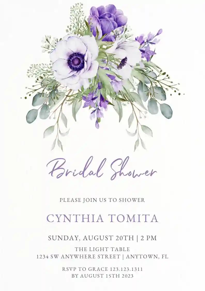 Invitations De Bridal Shower - Aquarelle Anémone Violette