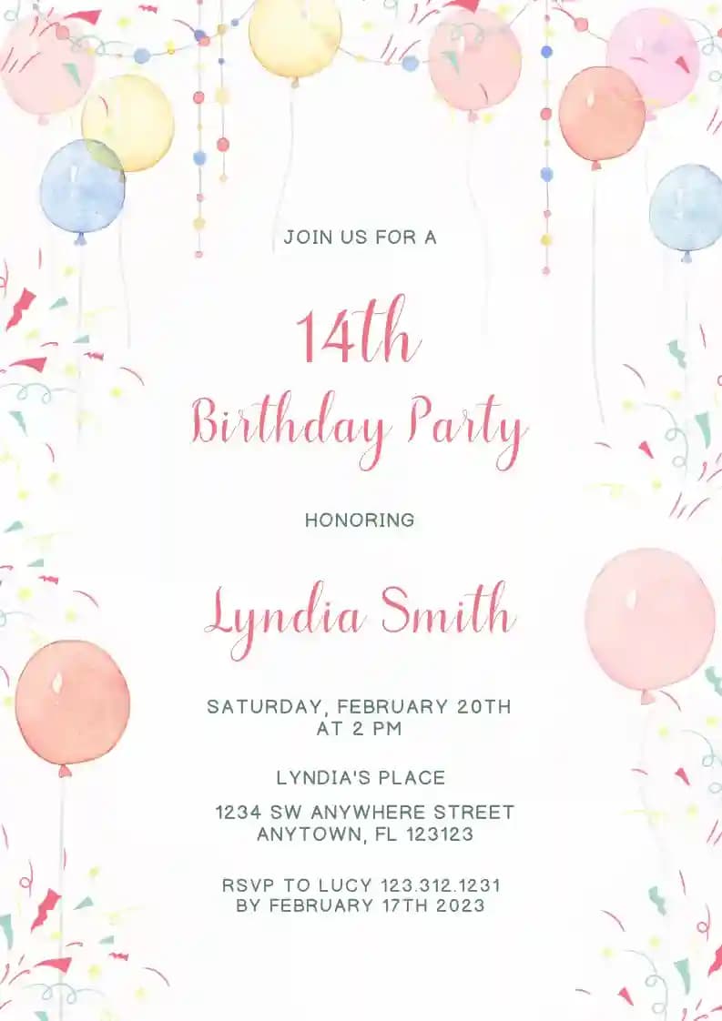Teens Birthday Invitations - Confetti Balloons