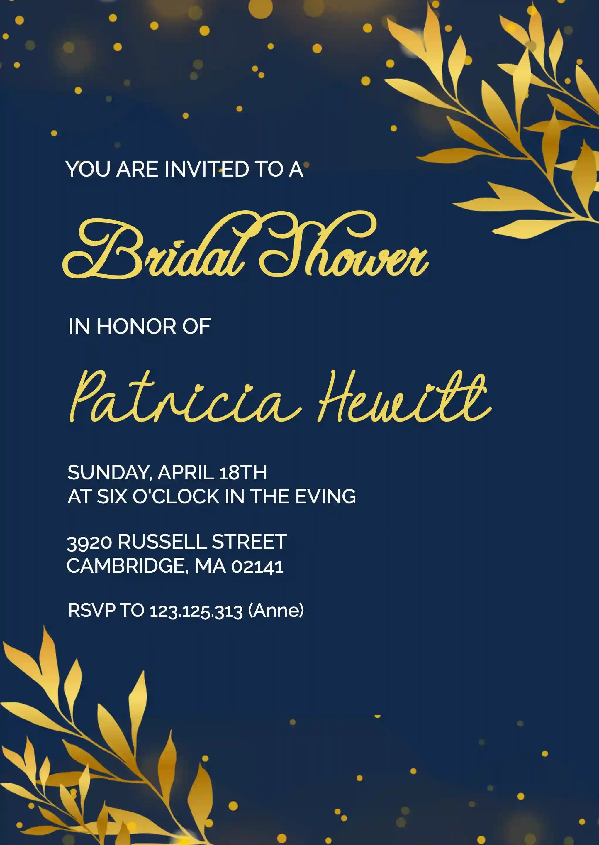Invitations De Bridal Shower - Modèle De Douche Nuptiale De Feuilles D'or