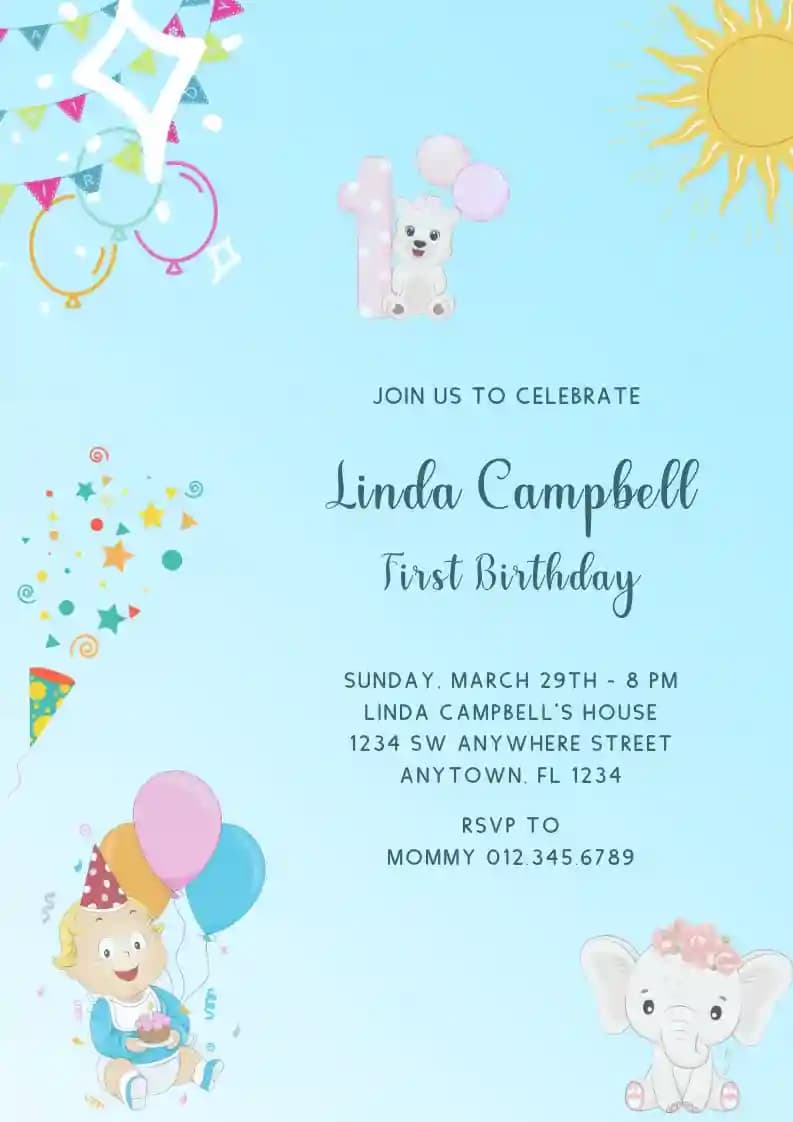 Invitaciones Para El Primer Cumpleaños - Lindo Elefante