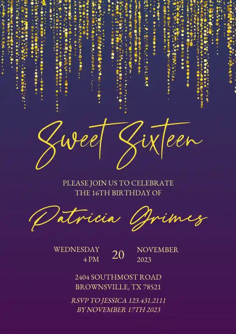 Invitaciones De Cumpleaños Para Adolescentes - Dulce Brillo Dorado