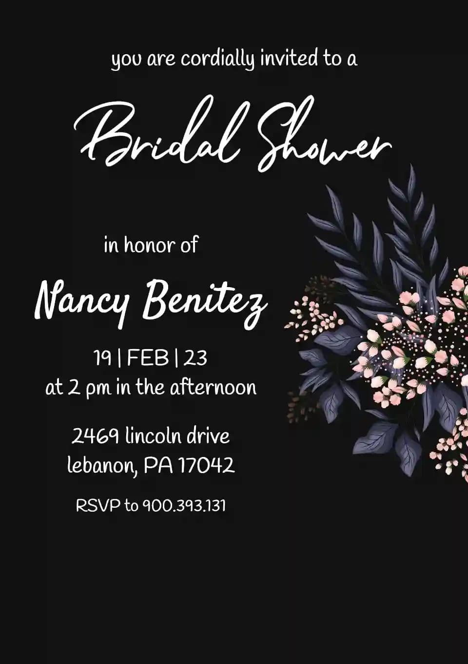 Invitations De Bridal Shower - Noir Avec Fleuri