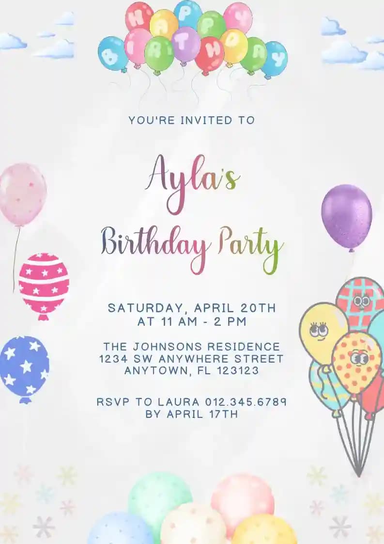 Kids Birthday Invitations - Colorful Balloons