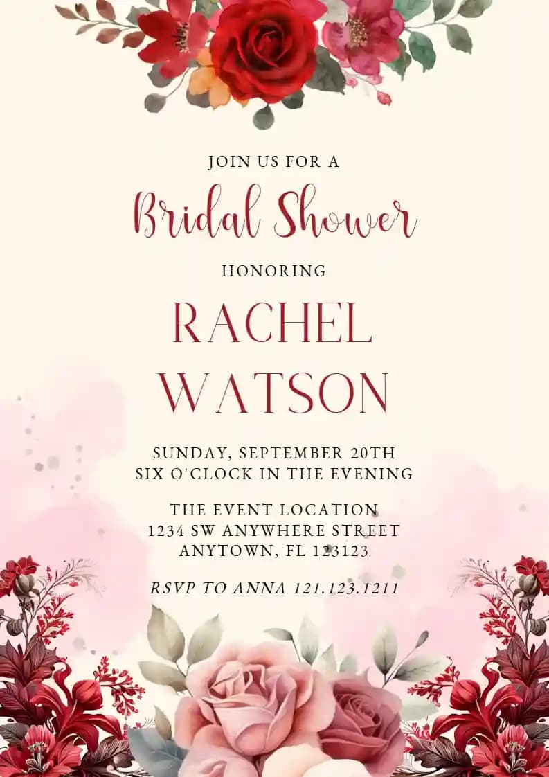 Invitaciones Para Despedida De Soltera - Rosas Rojas Con Encanto