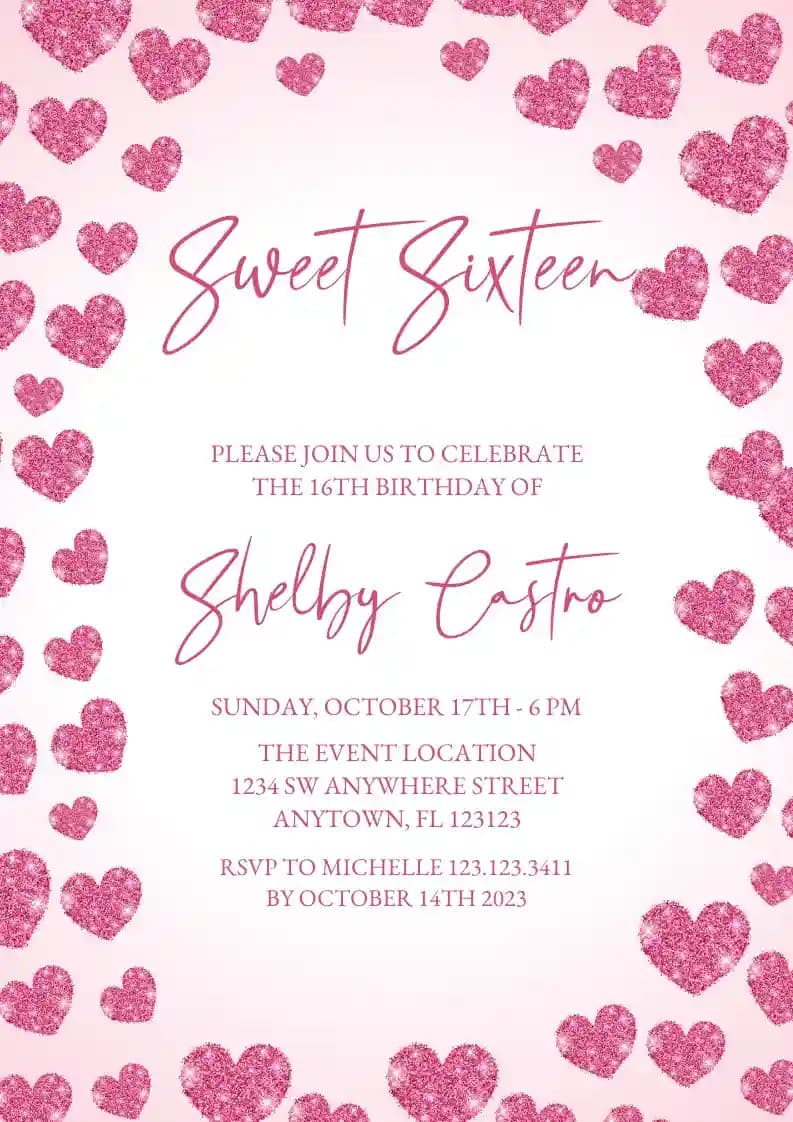 Teens Birthday Invitations - Glitter Pink Heart