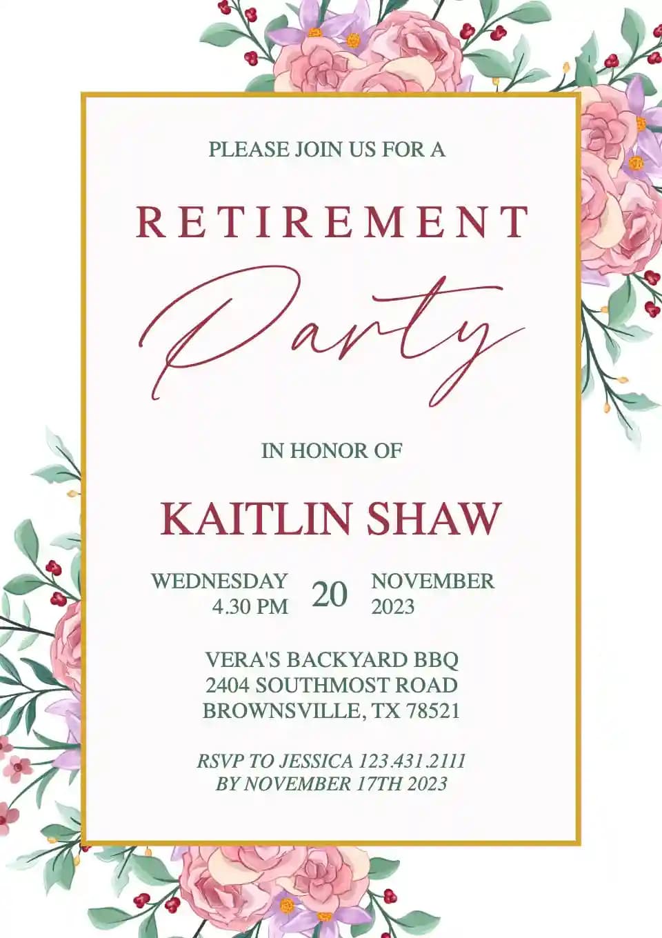 Invitaciones De Jubilación Y Despedida - Marco Floral Acuarela Rosa