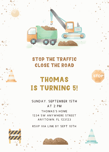 Children's Birthday Invitations - Construction digger