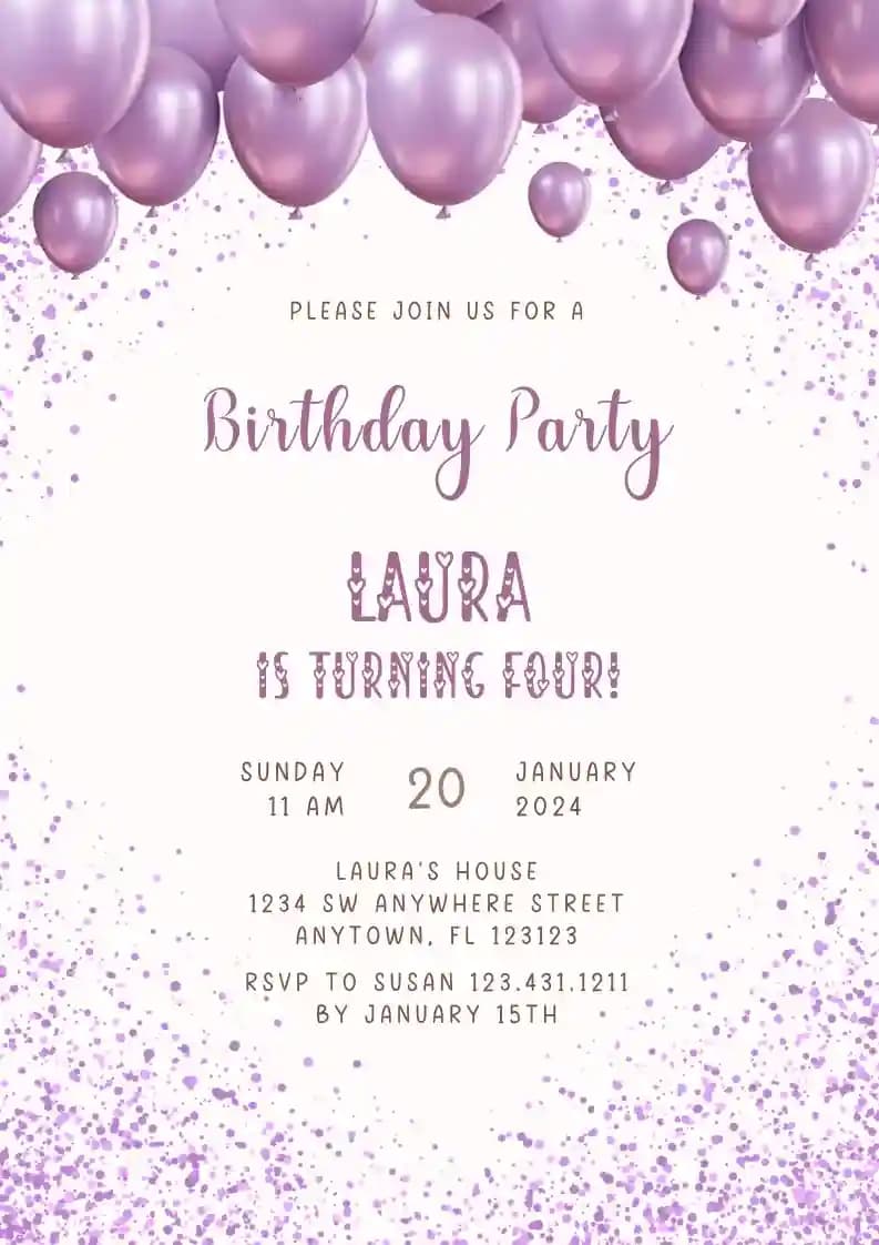 Kids Birthday Invitations - Purple Balloons