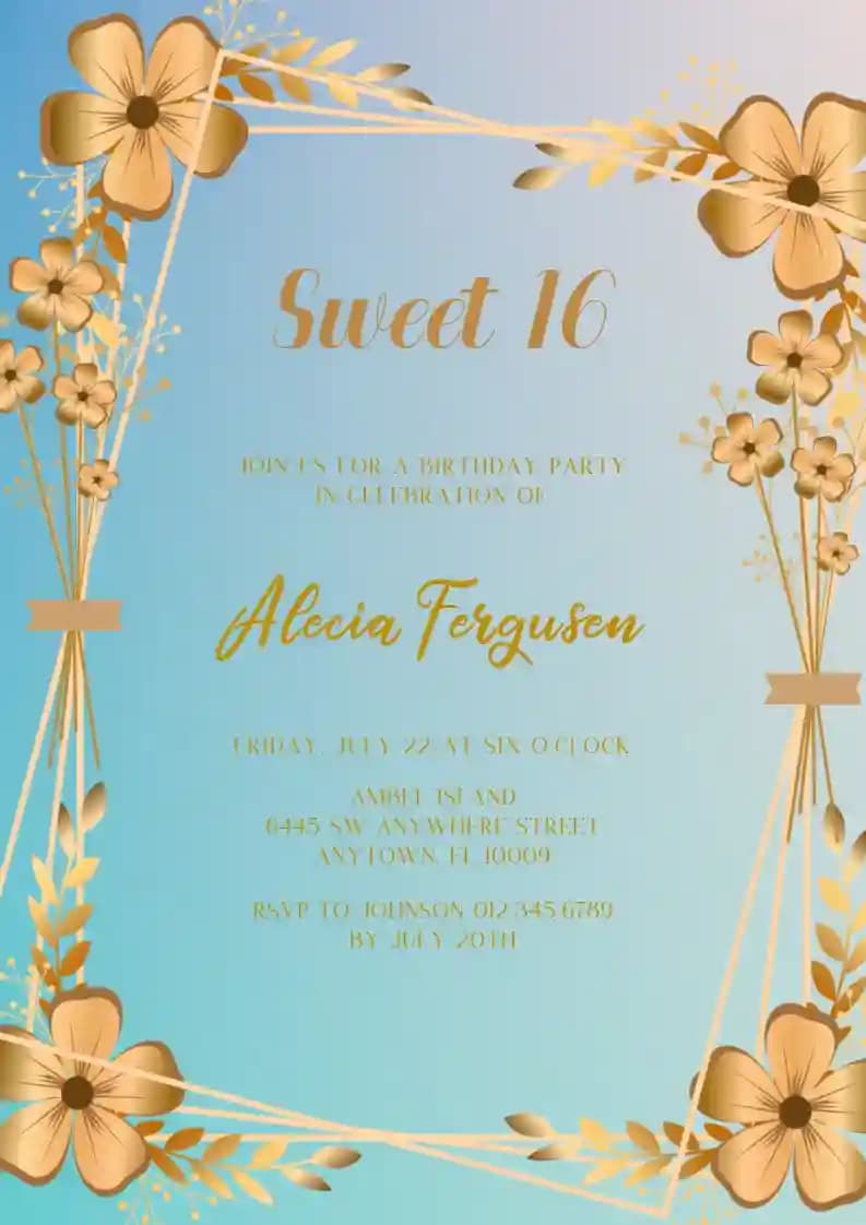 Teens Birthday Invitations - Gold Flower Frame