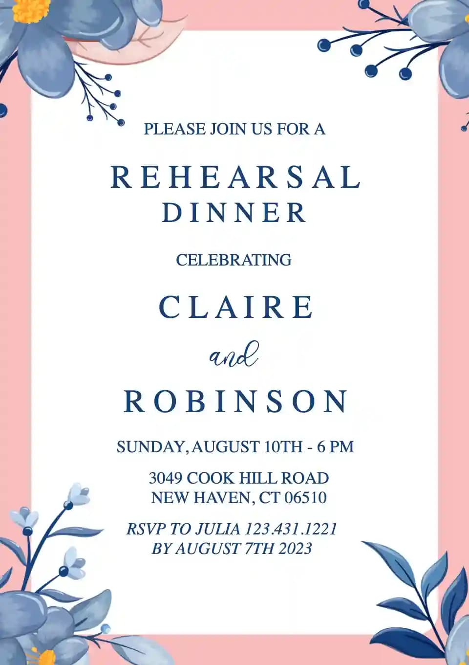 Rehearsal Dinner Invitations - Blue Flower Watercolor