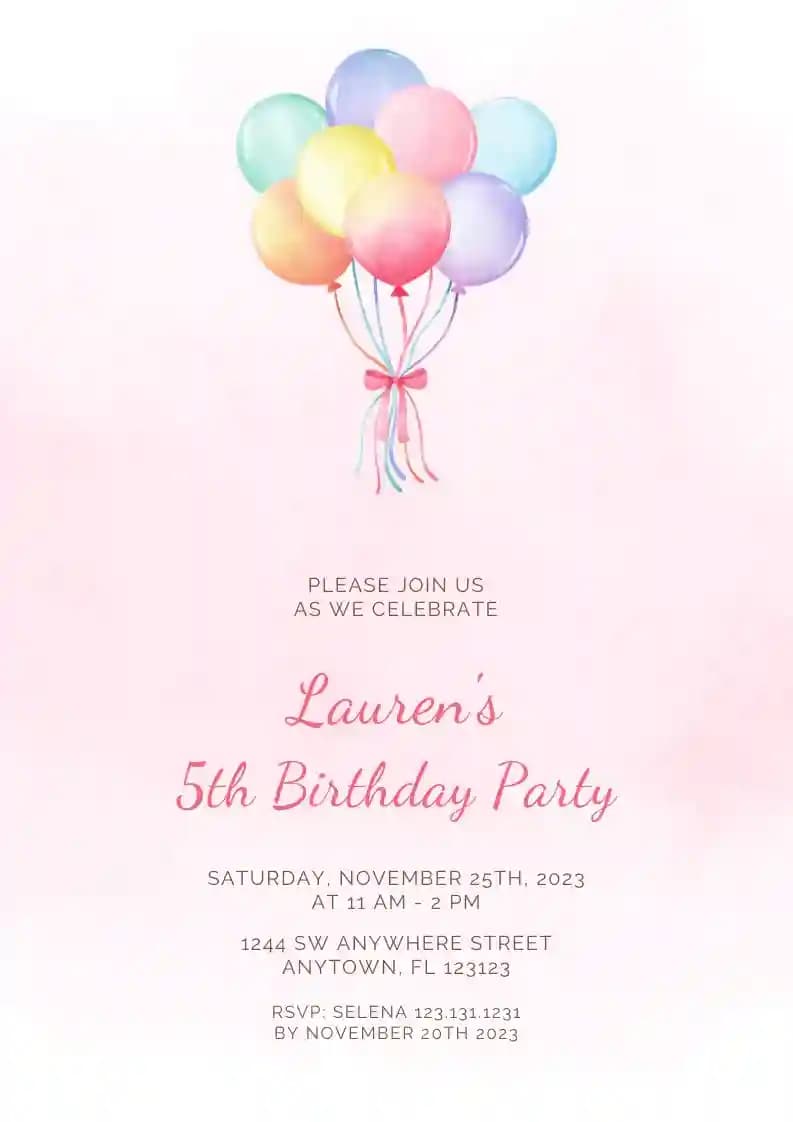 Invitaciones De Cumpleaños Infantiles - Globo Acuarela Pastel
