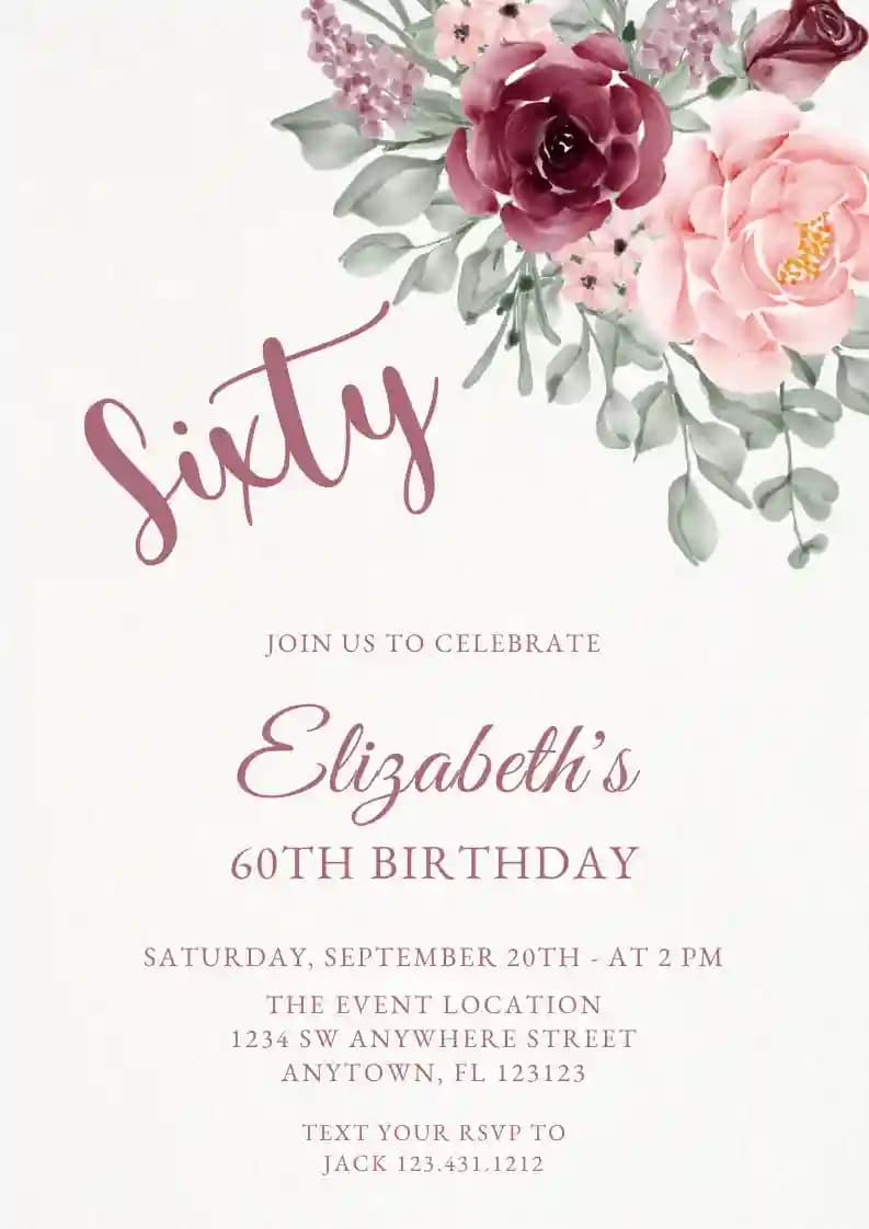 Adults Birthday Invitations - Burgundy Pink Rose