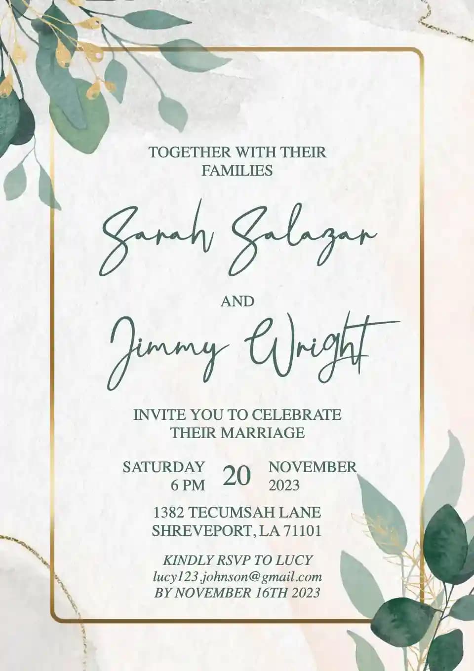 Invitations De Mariage - Cadre Doré Feuille Verte