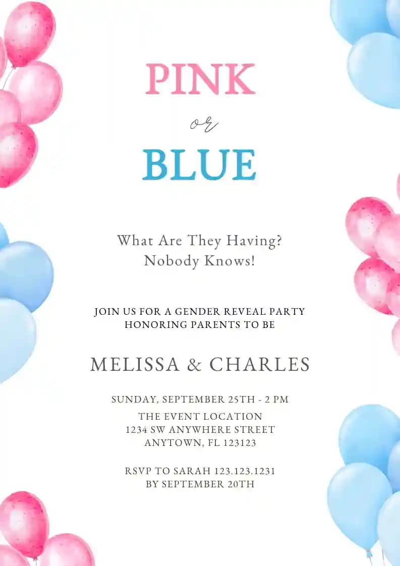 Undangan Gender Reveal - Balon Merah Muda Dan Biru