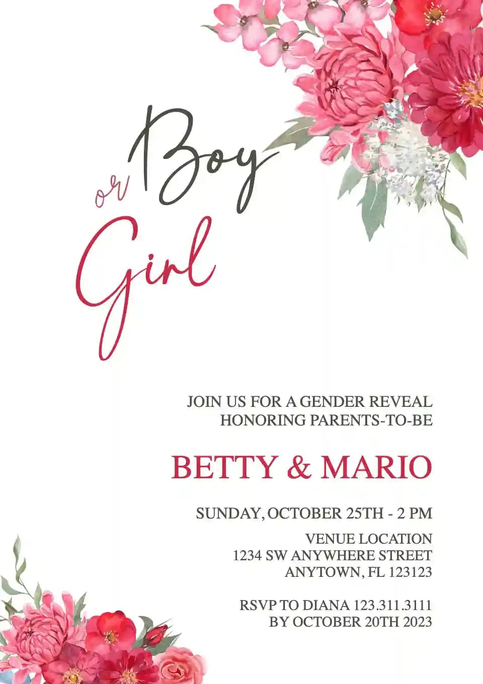 Invitations De Gender Reveal - Composition Florale Magenta