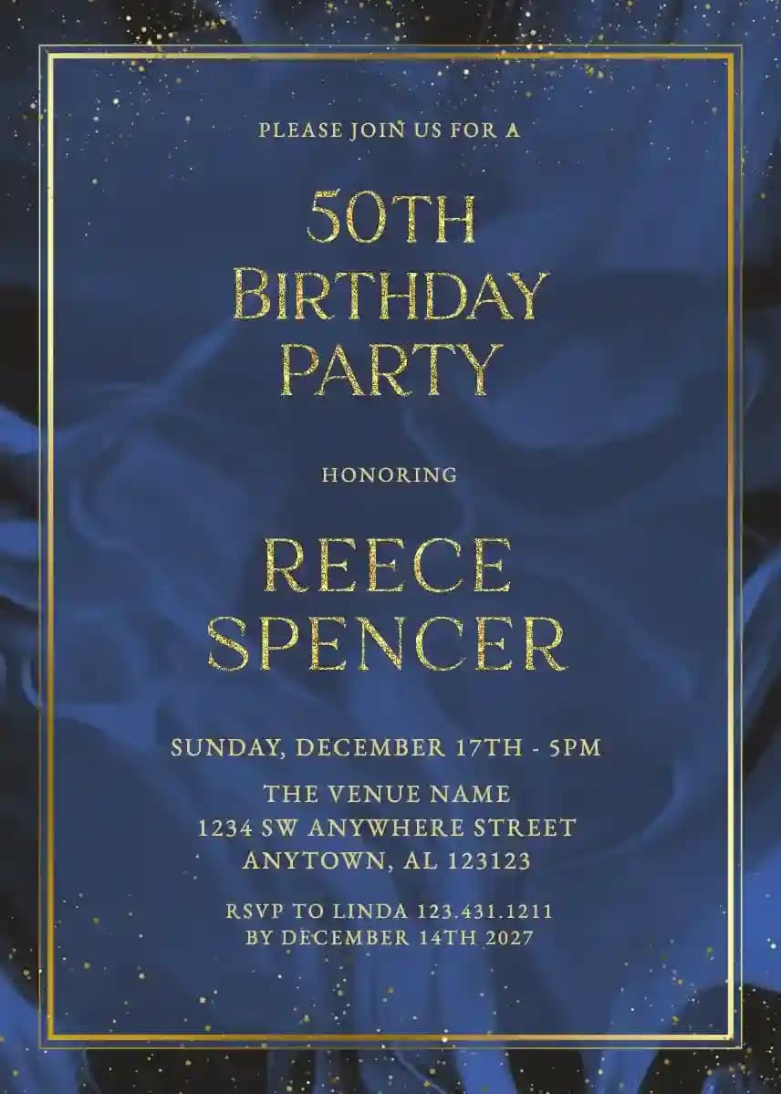 Invitaciones De Cumpleaños Para Adolescentes - Marco Azul Marino Dorado