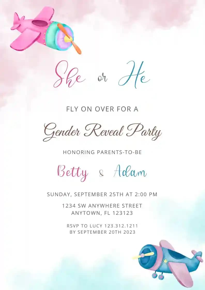 Gender Reveal Uitnodigings - Pienk Of Blou Vliegtuig