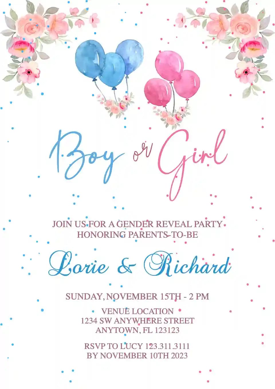 Invitasjoner Til Gender Reveal - Blå Og Rosa Ballong Med Blomster