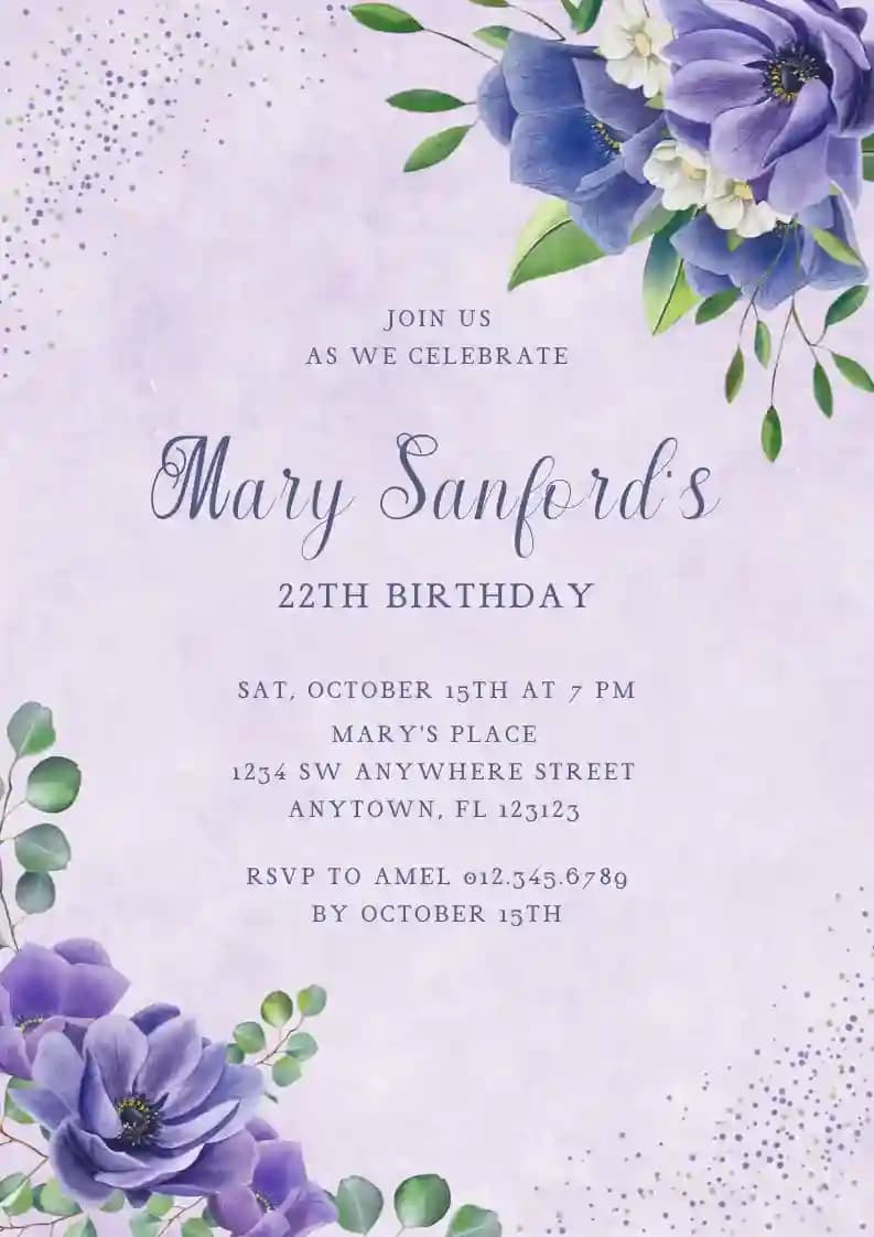 Convites De Aniversário Para Adultos - Buquê De Flores Azuis