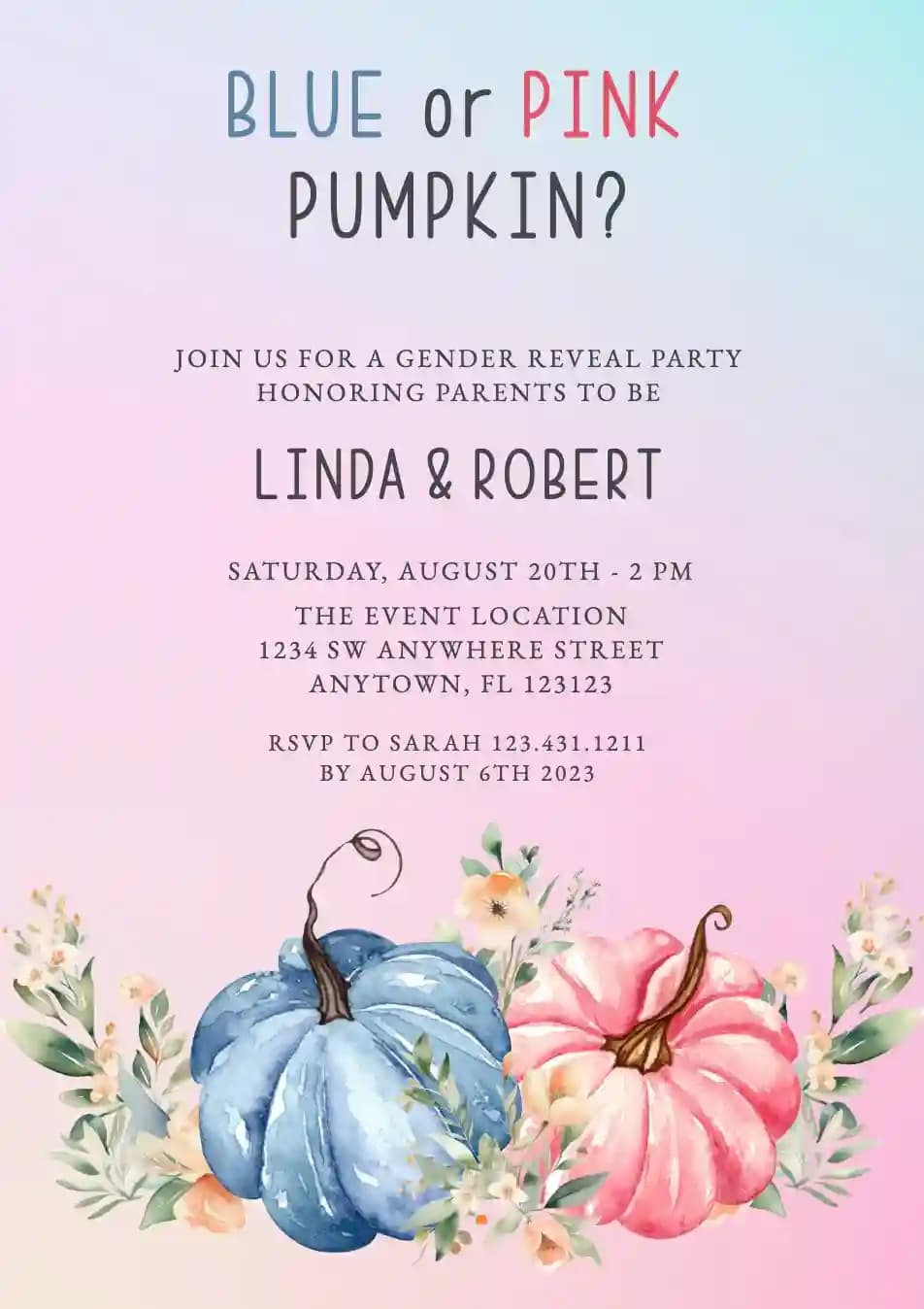 Gender reveal -kutsut - Pinkki tai sininen kurpitsa