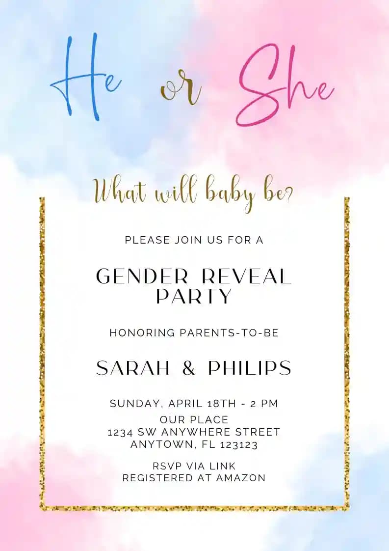 Invitații Pentru Gender Reveal - Chenar Cu Sclipici