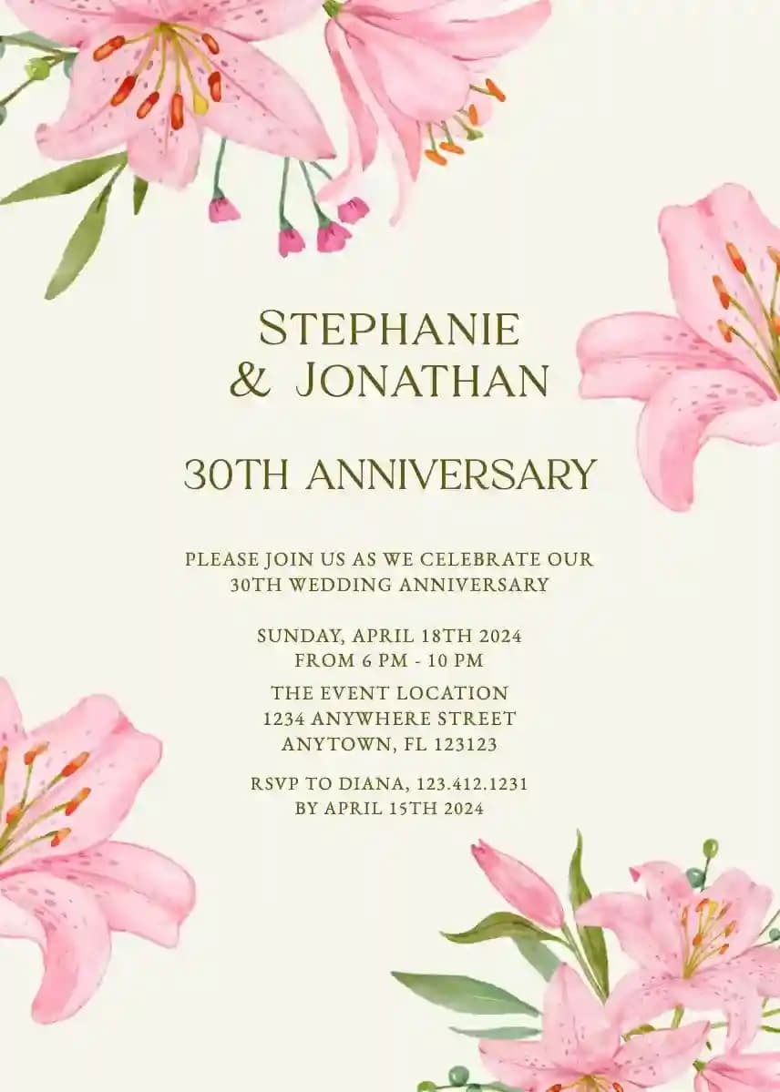 Wedding Anniversary Invitations - Sweet Pink Lilies