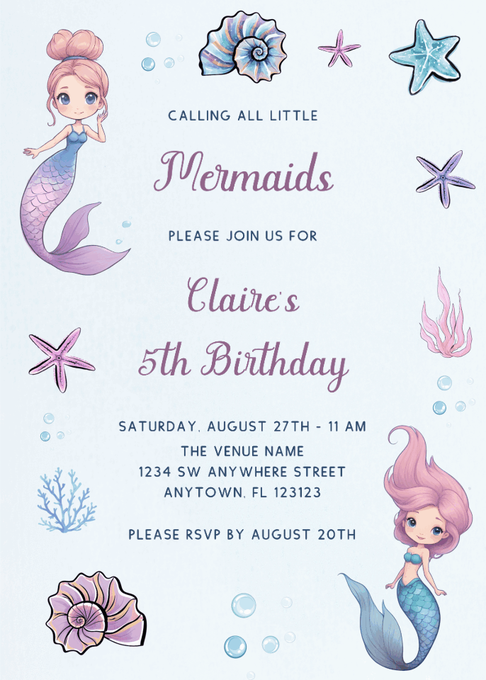 Kids Birthday Invitations - Little mermaid