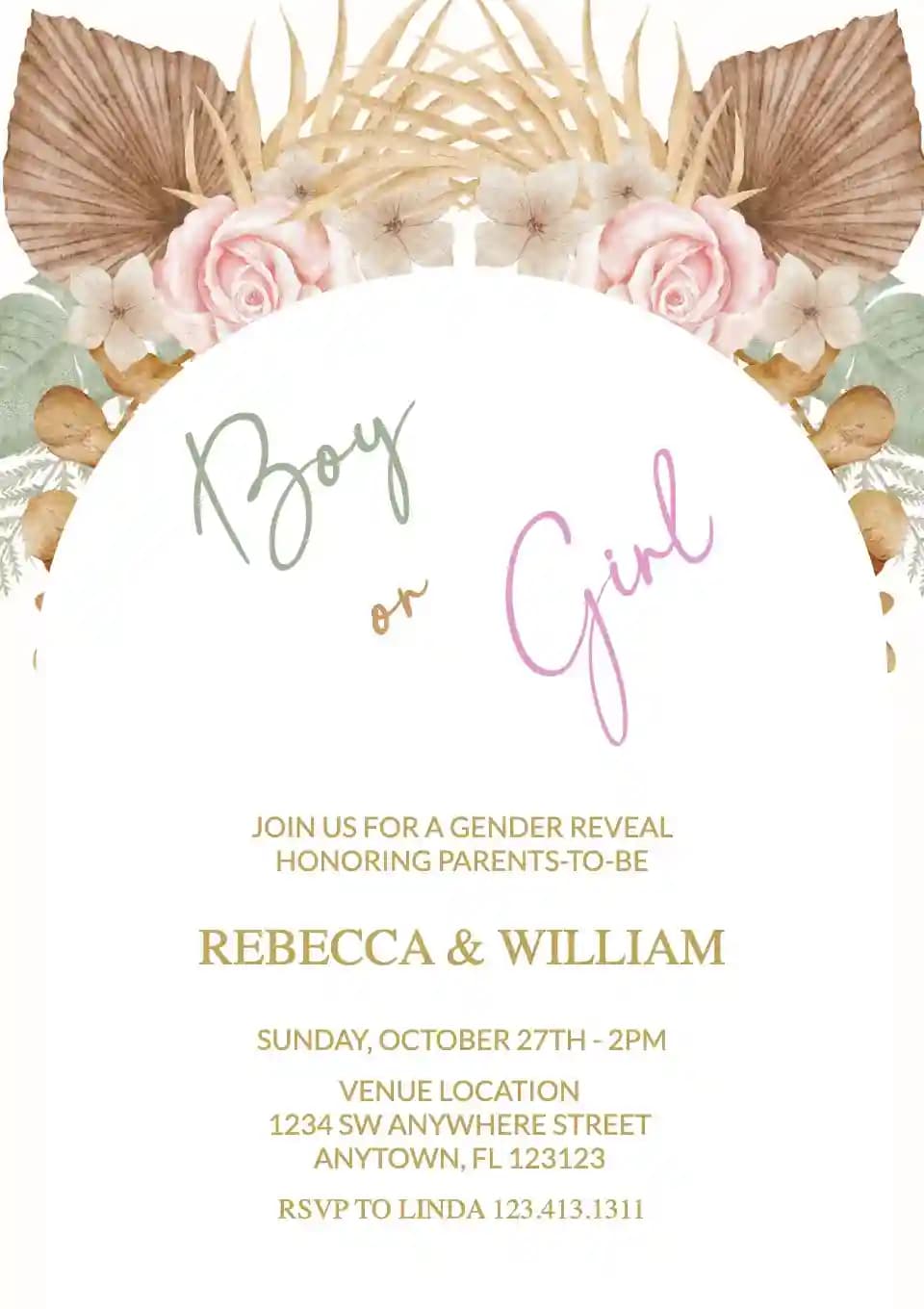 Gender reveal -kutsut - Boho kukkakehys
