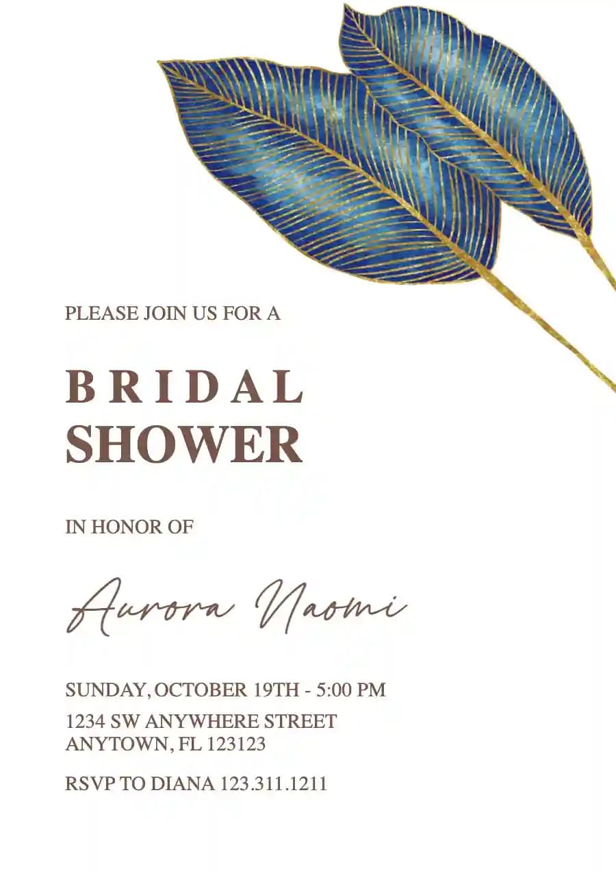 Inviti Per Il Bridal Shower - Foglie Tropicali Oro E Blu