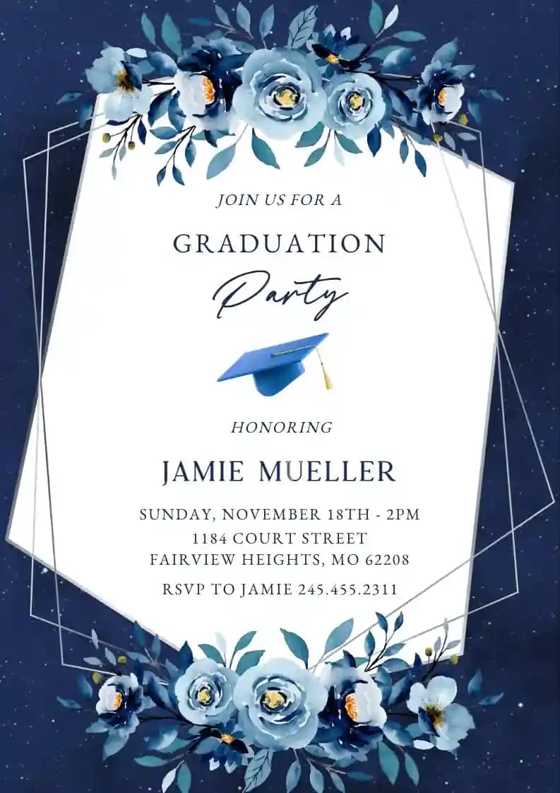 Invitaciones Para Fiesta De Graduación - Marco Geométrico De Flor Azul