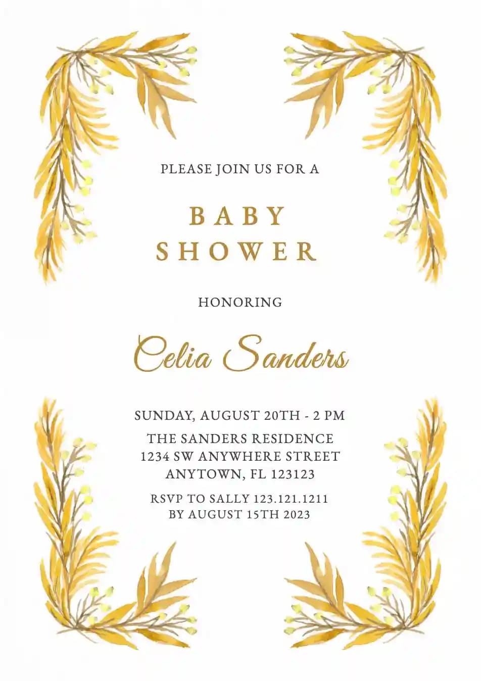 Invitații Pentru Baby Shower - Floare Acuarela Aurie