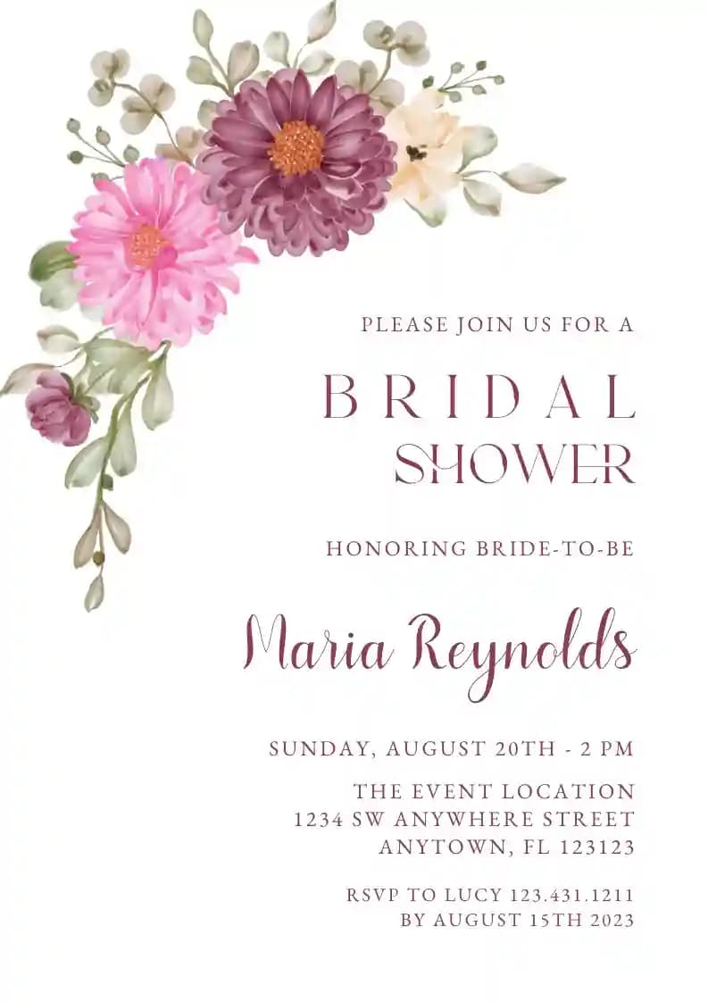 Bridal Shower Invitations - Pink Maroon Daisy Flower