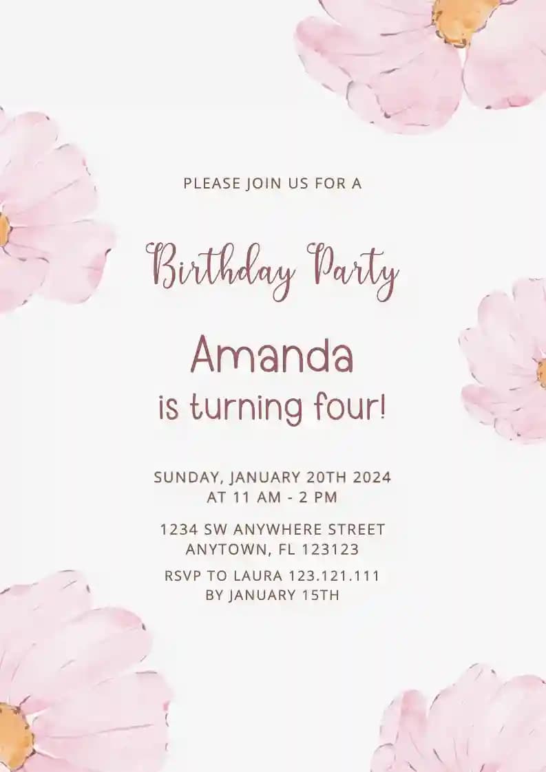 Invitaciones De Cumpleaños Infantiles - Flor Rosa Acuarela