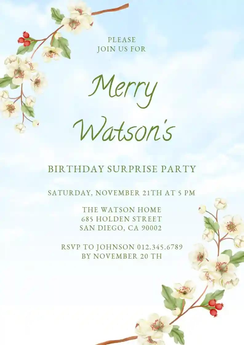 Adults Birthday Invitations - Hawthorn Flower