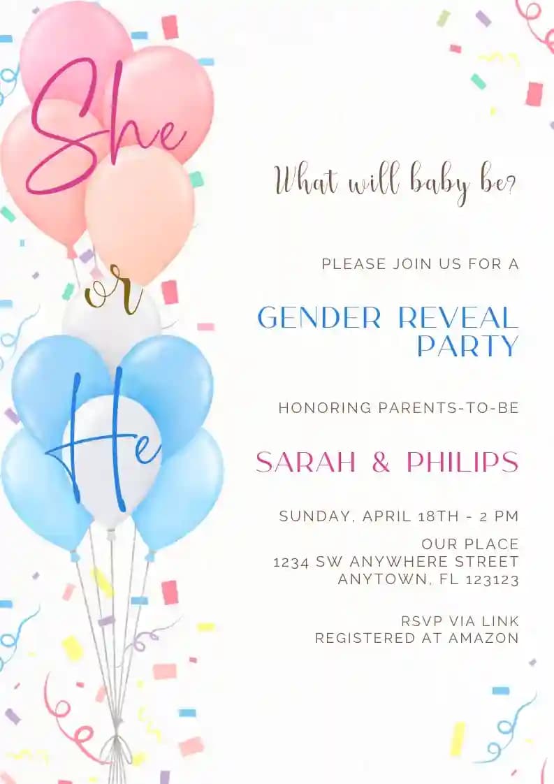 Gender reveal -kutsut - Pinkki ja sininen ilmapallo