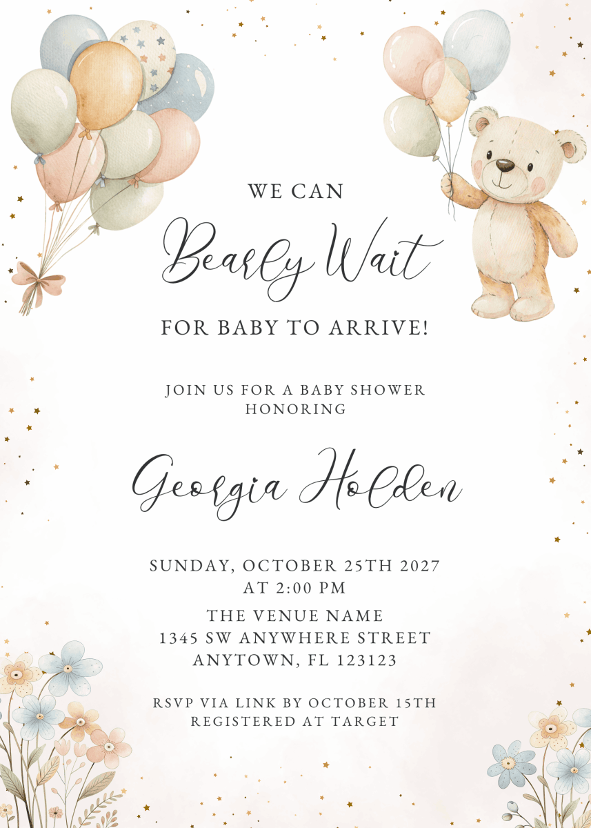 Baby Shower Invitations - Teddy bear and balloon
