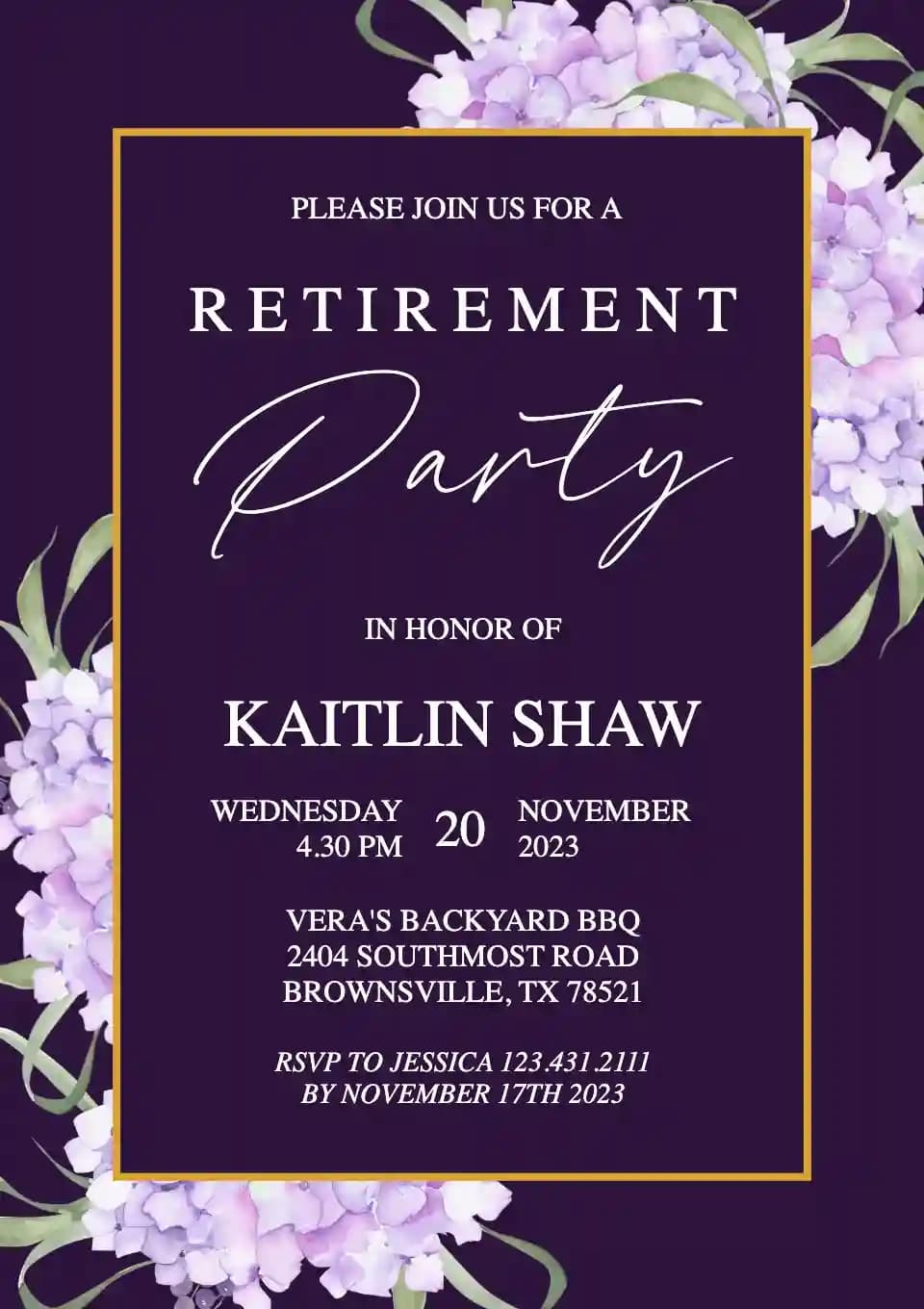 Retirement & Farewell Invitations - Violet Hydrangea Bouquet