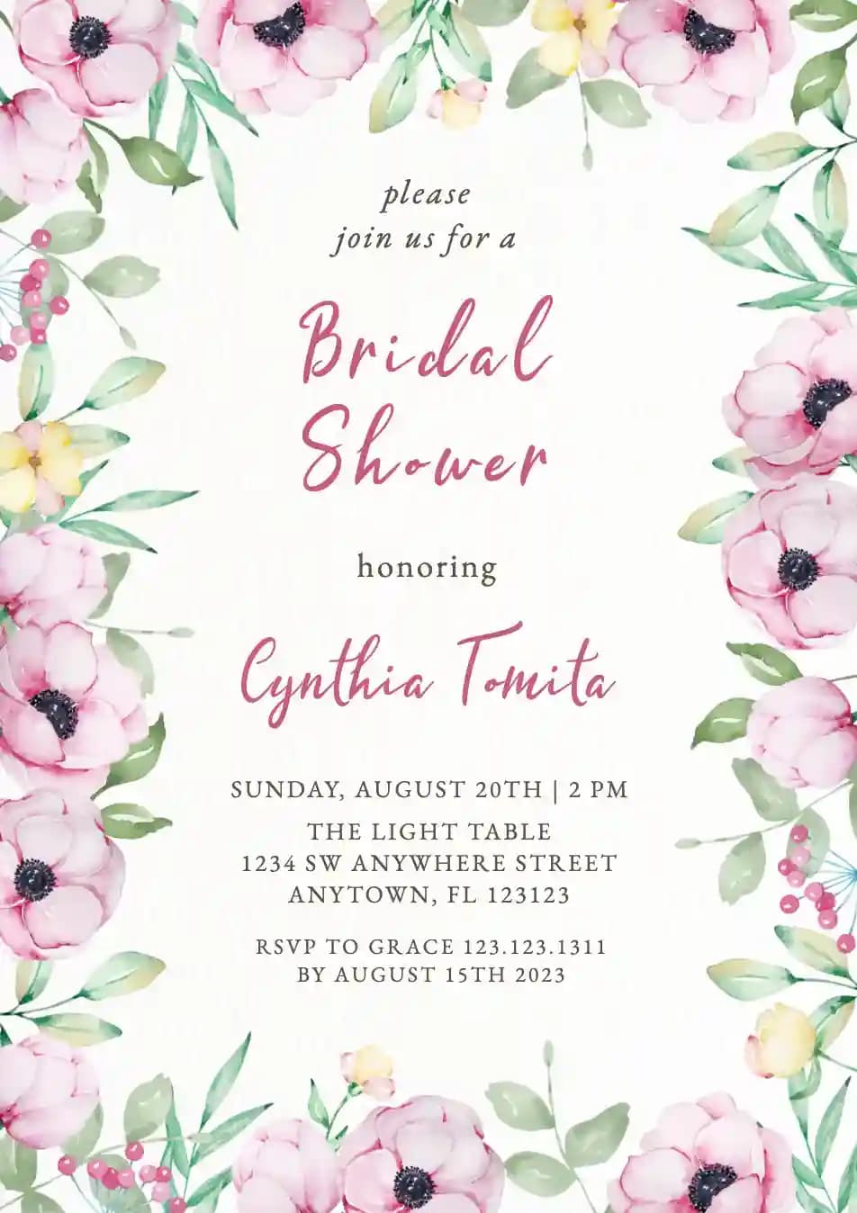 Bridal Shower Invitasjoner - Rosa Anemonramme
