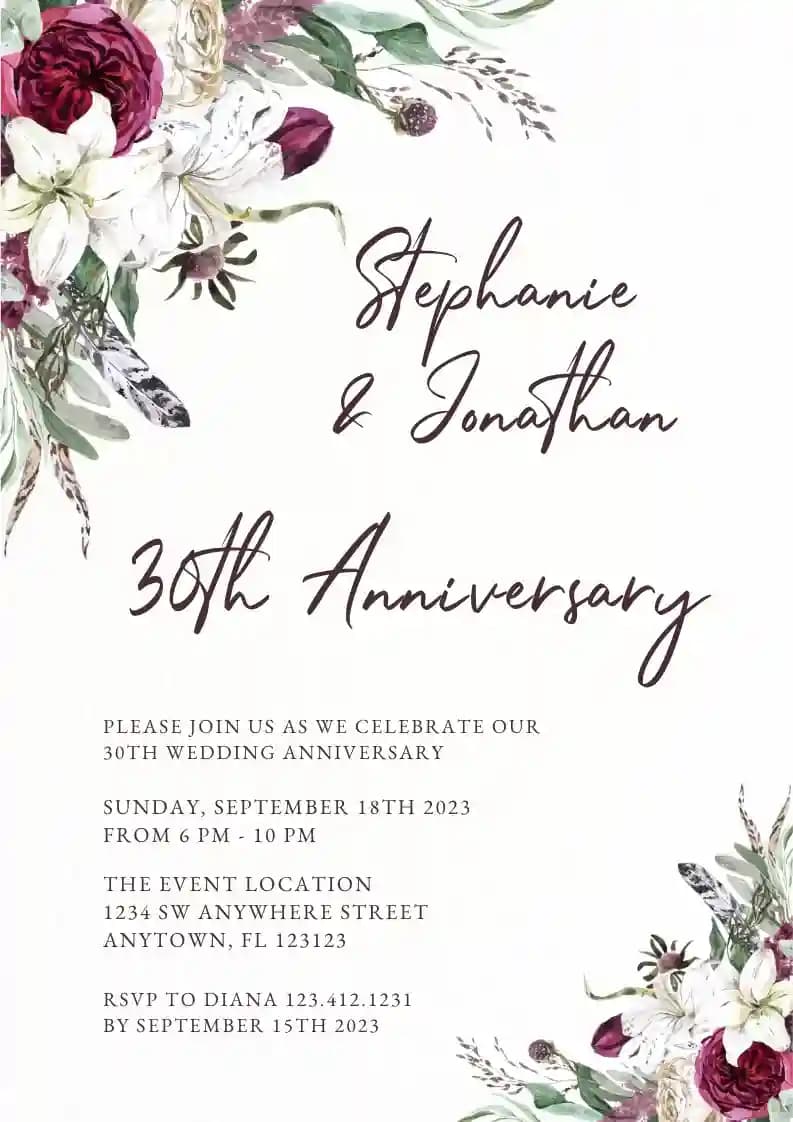 Wedding Anniversary Invitations - Garden Burgundy Floral